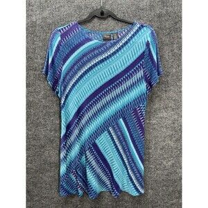 Chicos Travelers Ikat Tunic Top Womens 2/Large Blue Purple Short Sleeve Stretchy